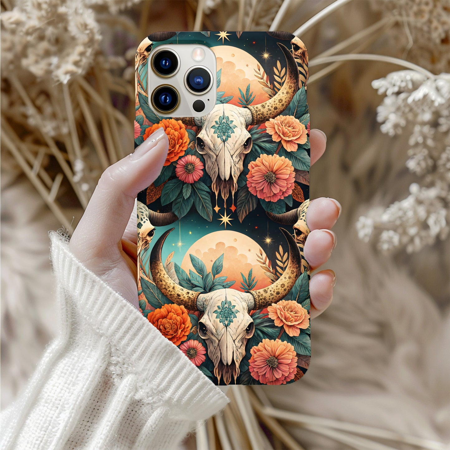 Boho Skull Floral Design with Sun and Moon Phone Case