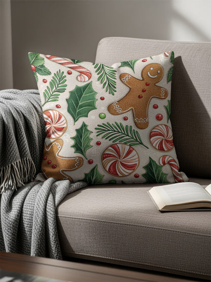 Festive Christmas Gingerbread and Candy Cane Pillow