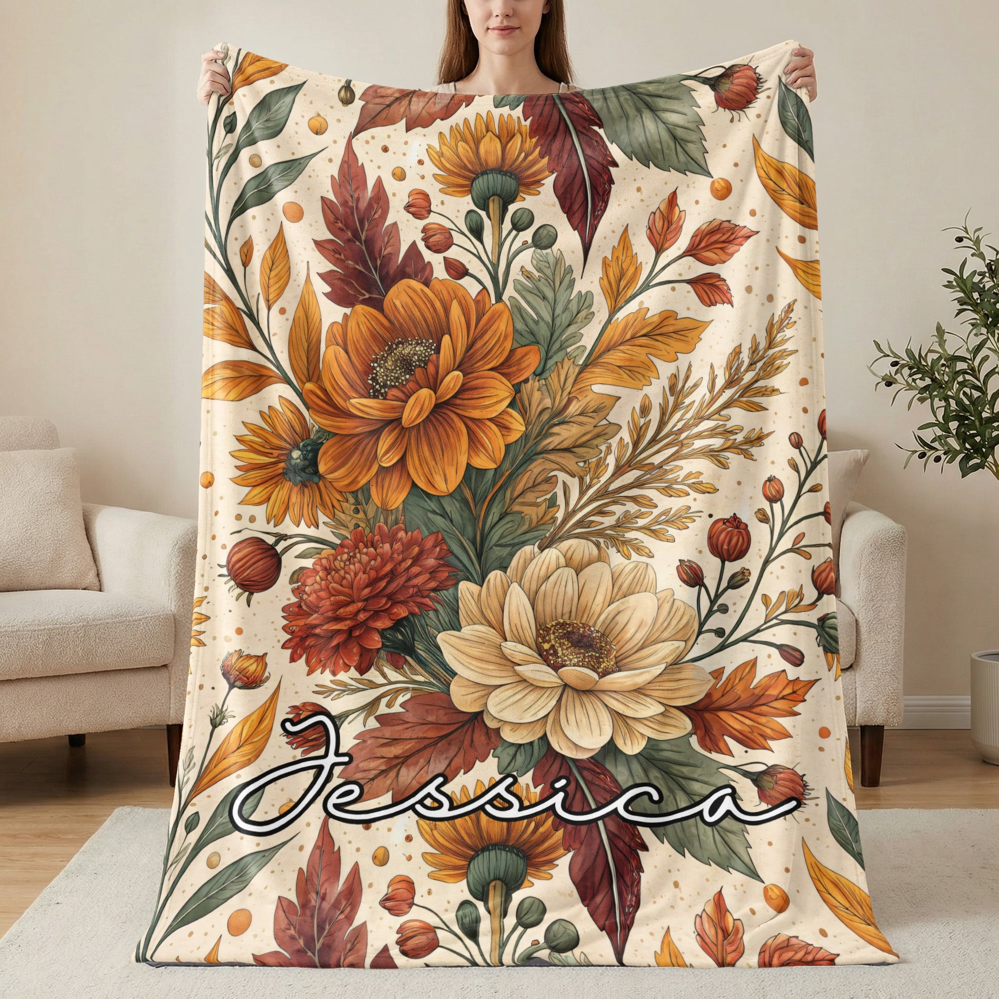 Personalized Autumn Floral Jessica Blanket