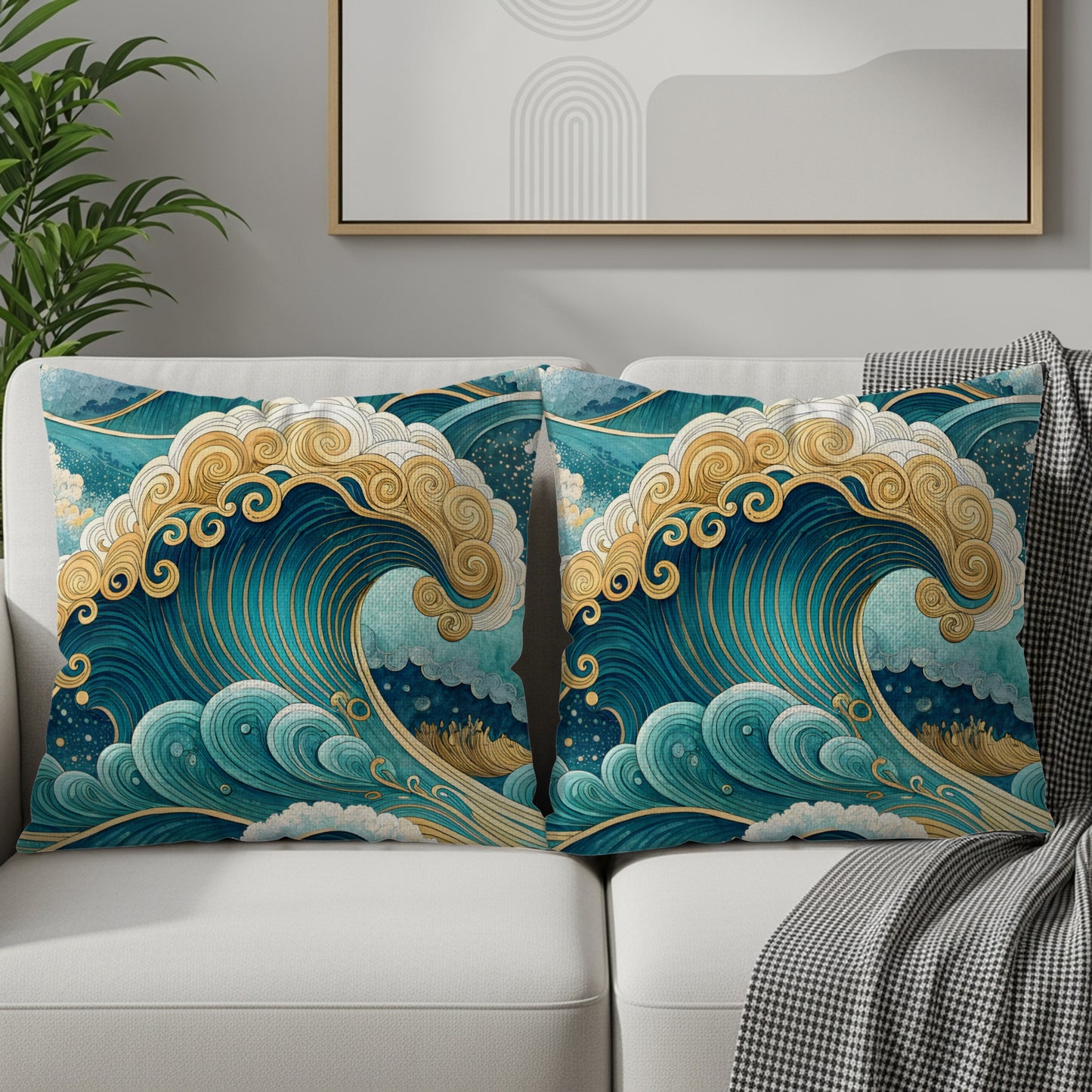 Oceanic Bliss Azure and Gold Waves Pattern Throw Pillows - Walk Greener