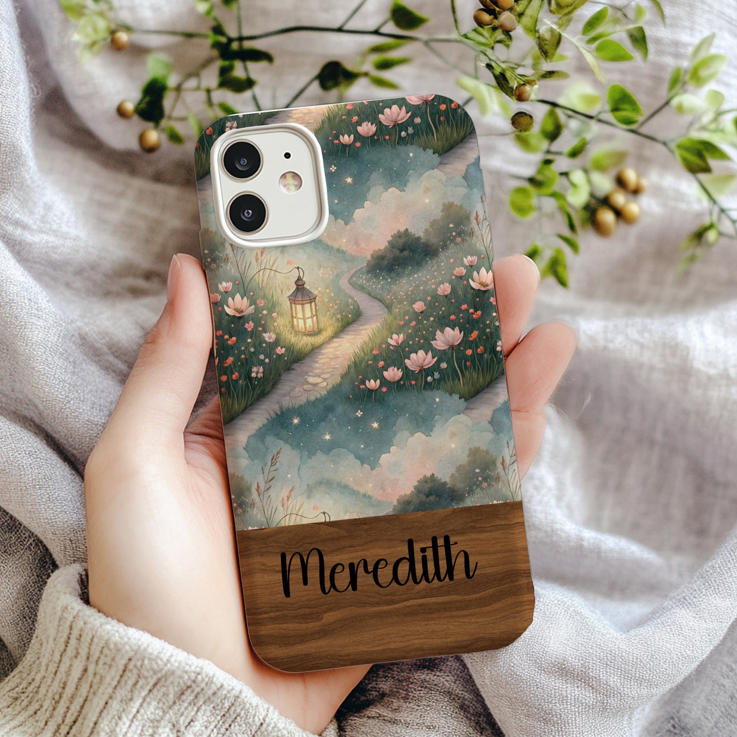 Floral Pathway Lamp Post Scenery with Custom Name Custom Phone Case - Walk Greener