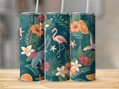 Tropical Flamingo and Floral Pattern Tumbler Cup