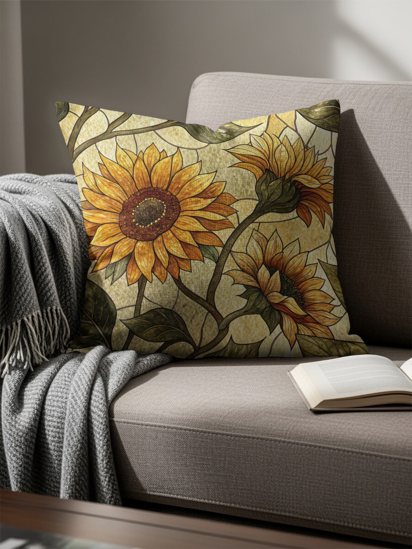 Sunflower Stained Glass Style Pattern Golden Background Throw Pillows - Walk Greener