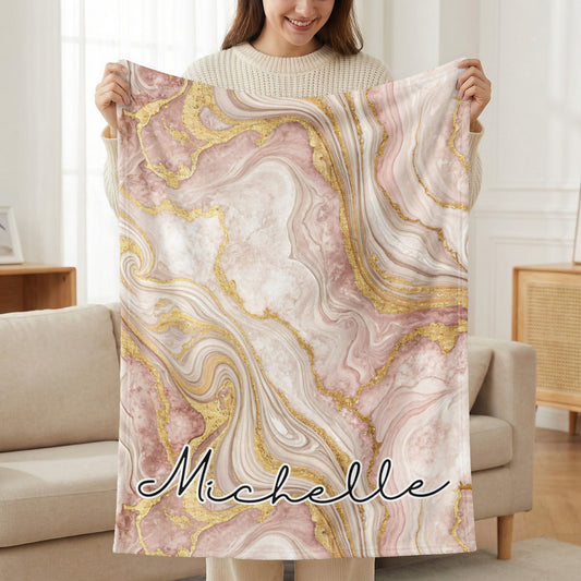 Pink Marble with Golden Veins Custom Name Blanket - Walk Greener