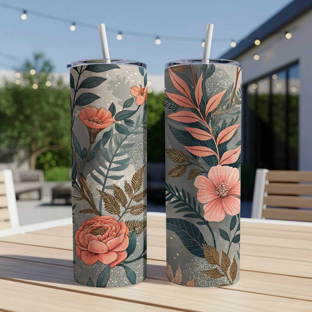 Double-wall vacuum insulated stainless steel tumbler with clear straw, printed with a botanical floral pattern in soft pink and teal tones.