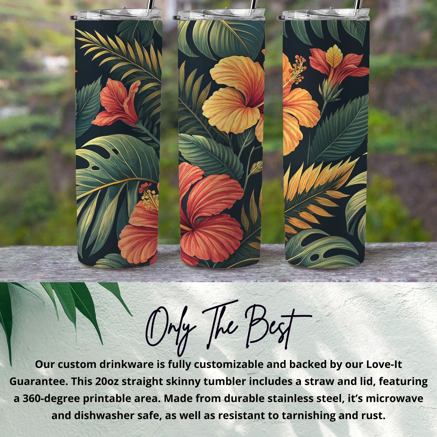 Tropical Flower Print Skinny Tumbler with Straw and Lid