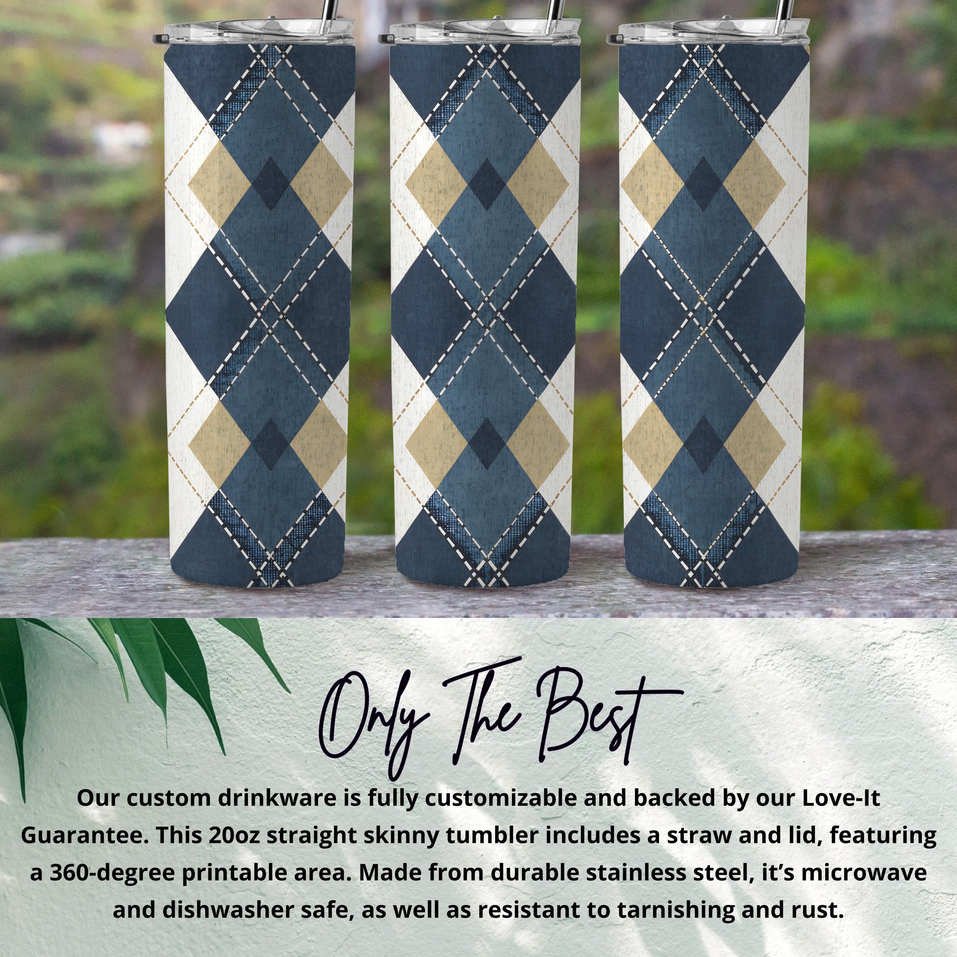 Customizable Argyle Patterned Tumbler with Lid and Straw