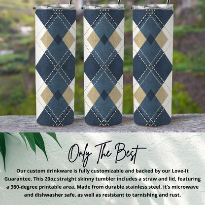 Customizable Argyle Patterned Tumbler with Lid and Straw