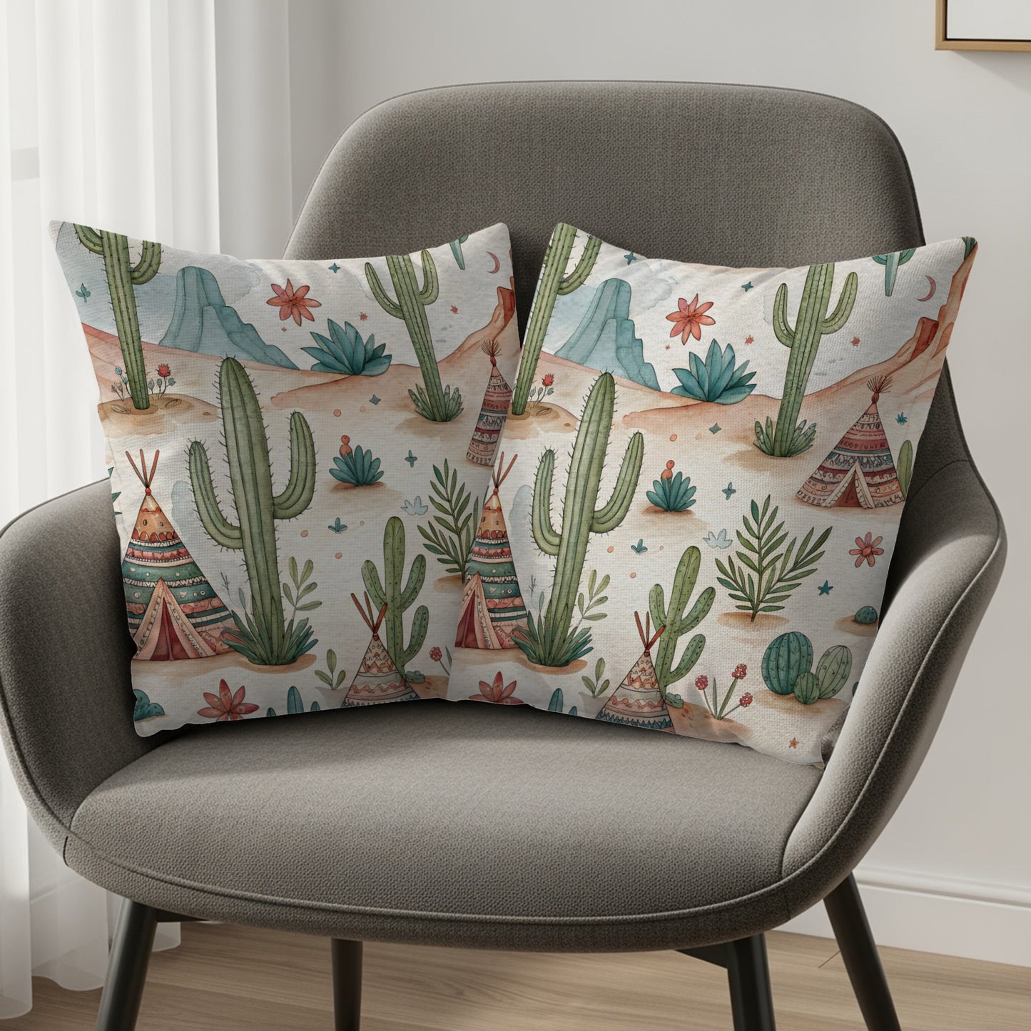 Desert Dreams with Teepees and Cacti Watercolor Style Pillows & Pillow Cases - Walk Greener