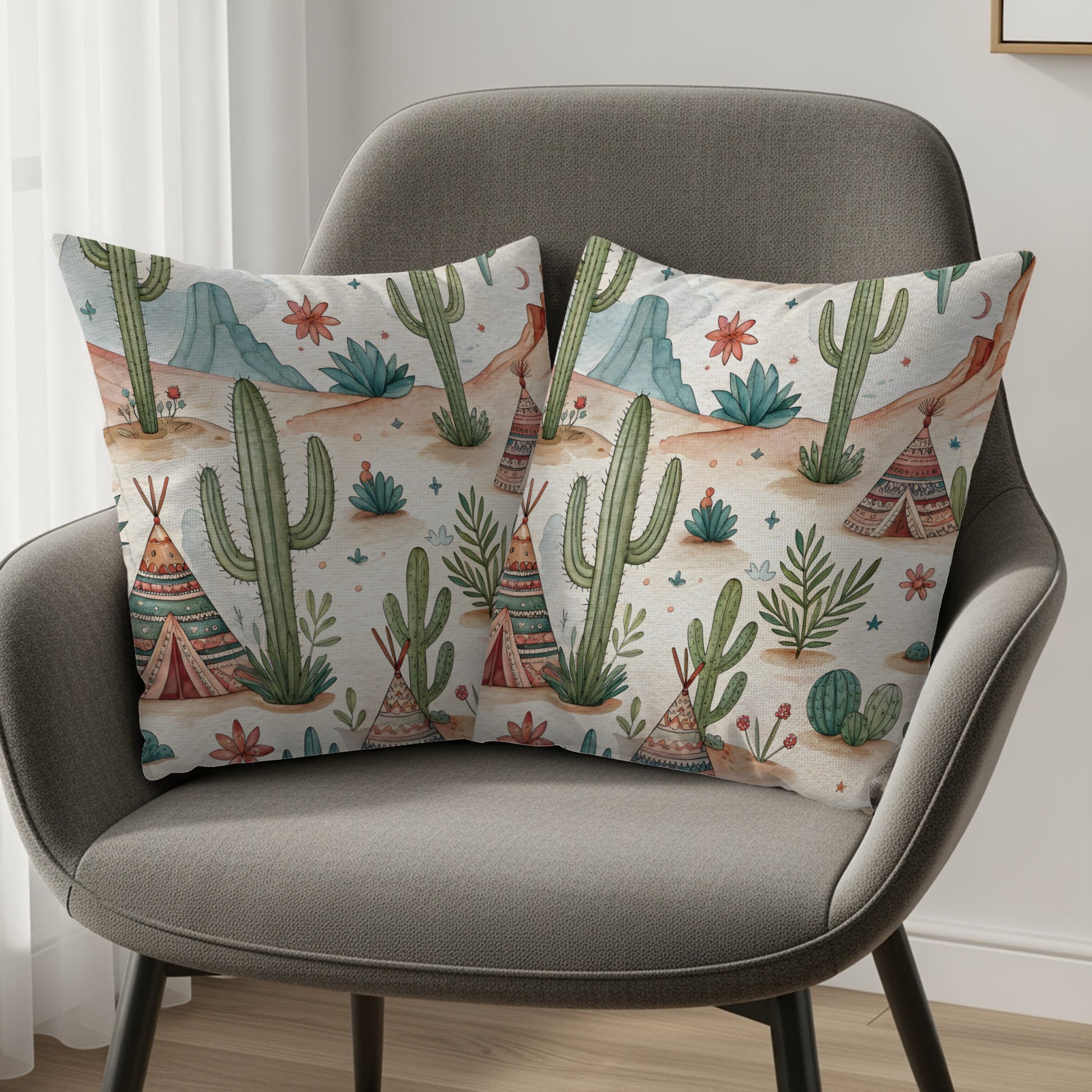 Desert Dreams with Teepees and Cacti Watercolor Style Pillows & Pillow Cases - Walk Greener