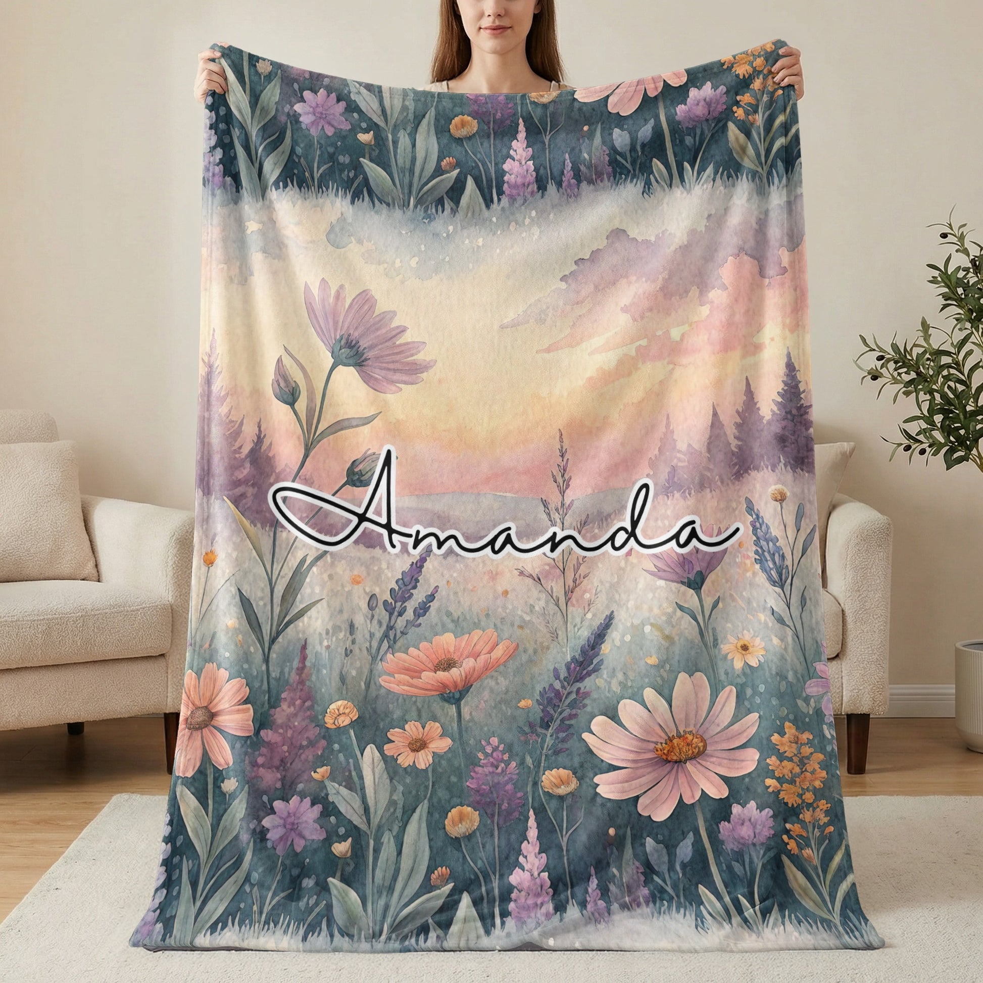 Personalized Floral Amanda Name Print Blanket