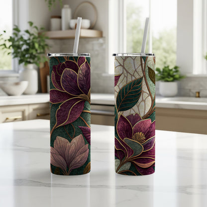 Floral Purple and Pink Detailed Leaves Design 20 oz Skinny Tumbler - Walk Greener