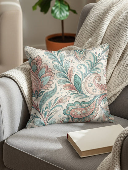 Square throw pillow with a pastel floral paisley pattern featuring pink flowers, cream blooms, and ferns on a blue-grey background, styled on a grey armchair