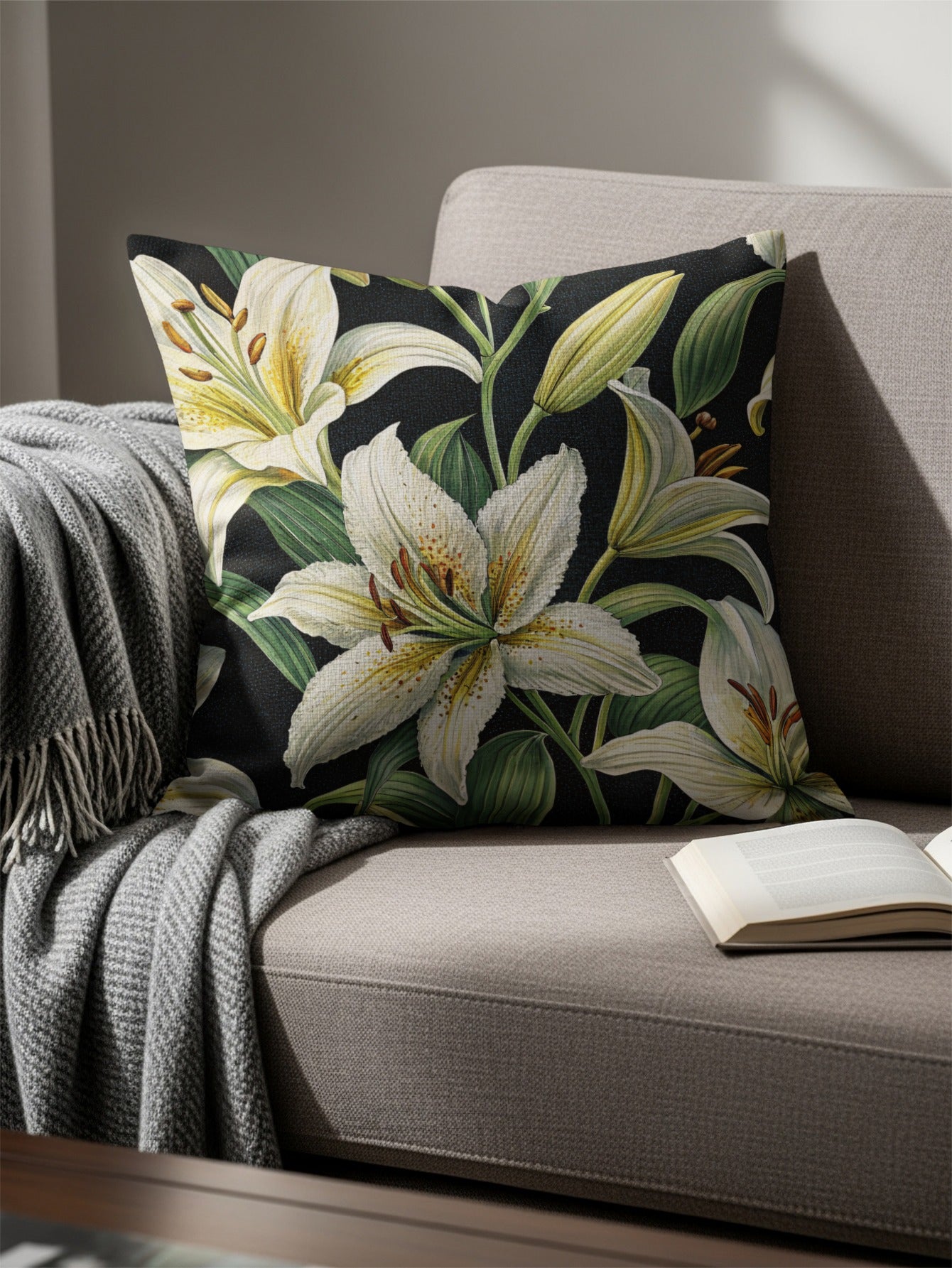 Elegant White Lily Floral Design Cushion Cover