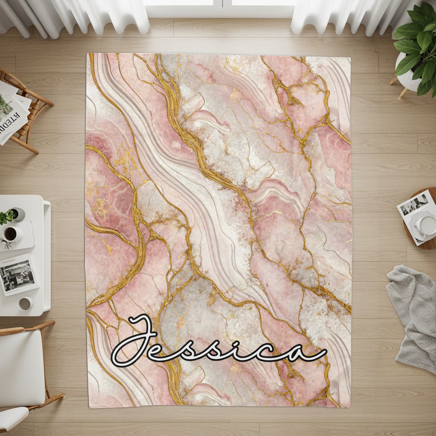 Pink Gold Marble Effect Custom Name Blanket Personalized - Walk Greener