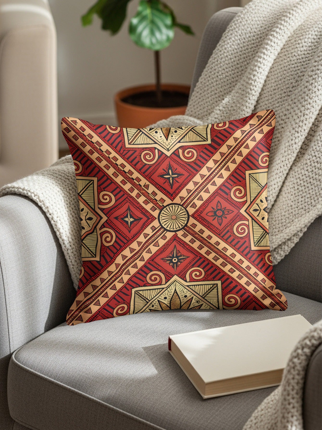 Decorative Geometric Red and Gold Throw Pillow