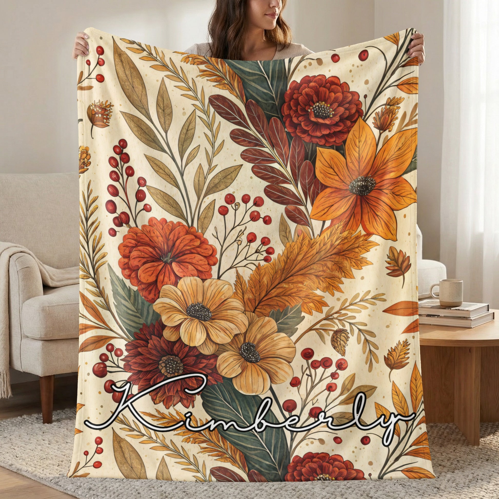 Personalized Autumn Floral Blanket with Custom Name Design