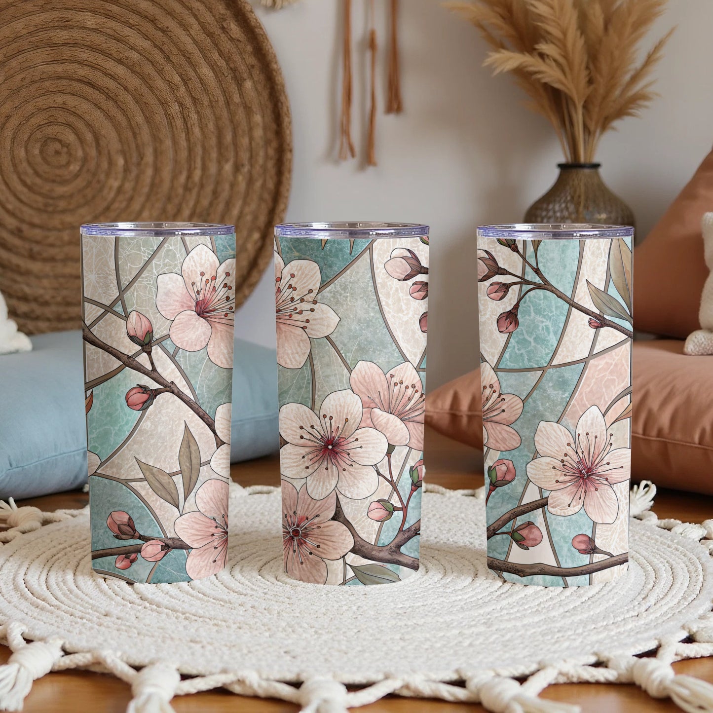 Stained Glass Cherry Blossoms Art Design 20 oz Skinny Tumbler - Walk Greener