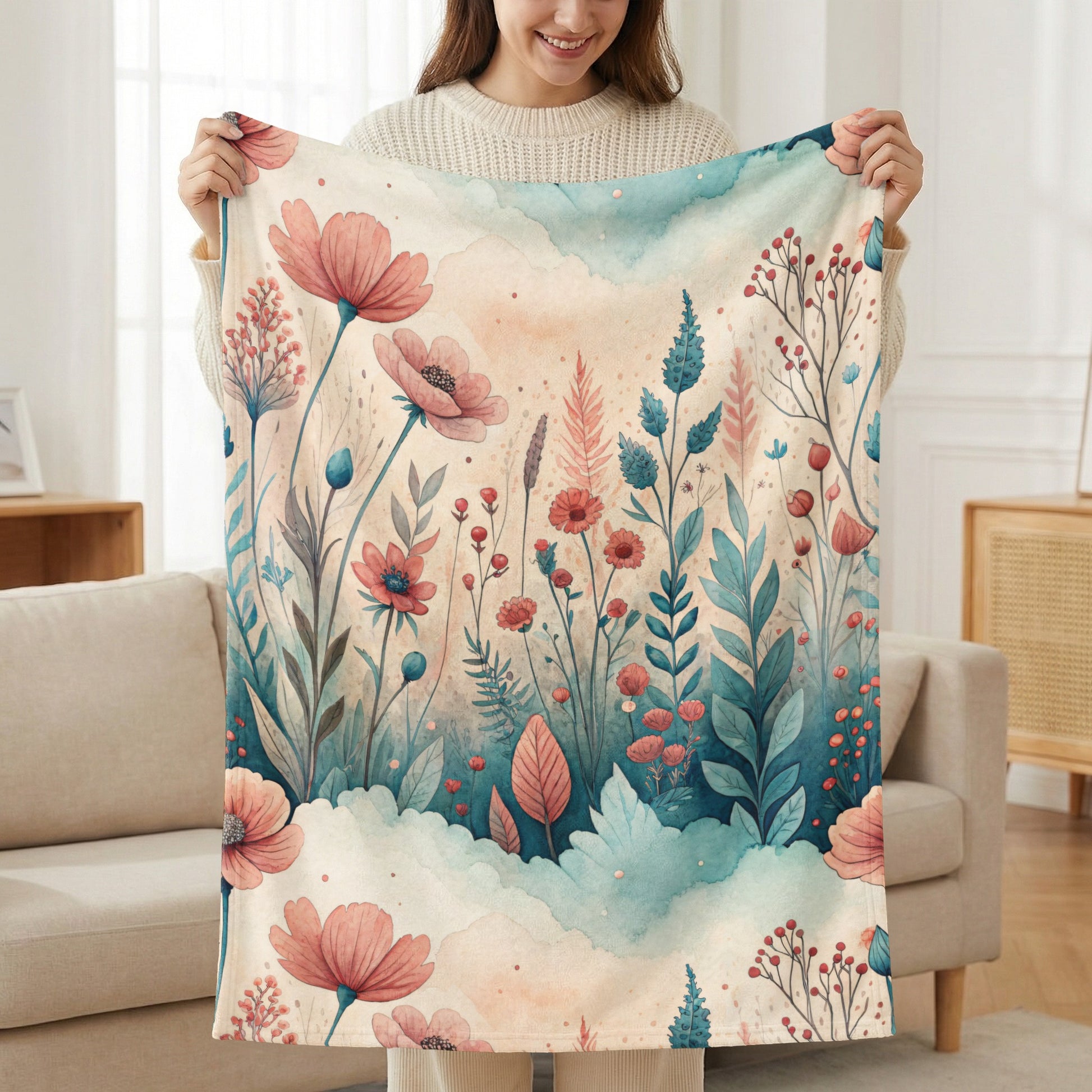 Watercolor Floral Meadow Peach Blossoms and Blue Sprigs - Walk Greener