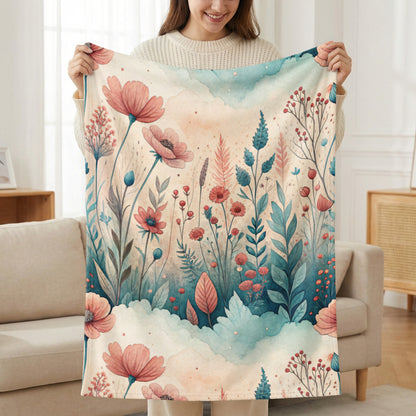 Watercolor Floral Meadow Peach Blossoms and Blue Sprigs - Walk Greener