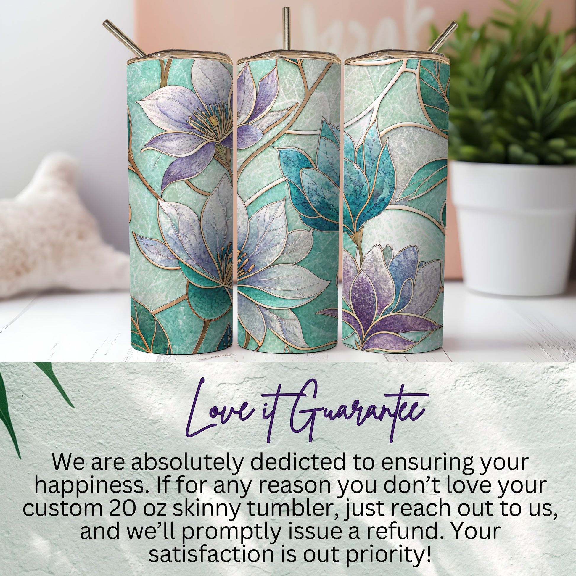 Floral Stained Glass Design Beautiful Flowers Style Art 20 oz Skinny Tumbler - Walk Greener