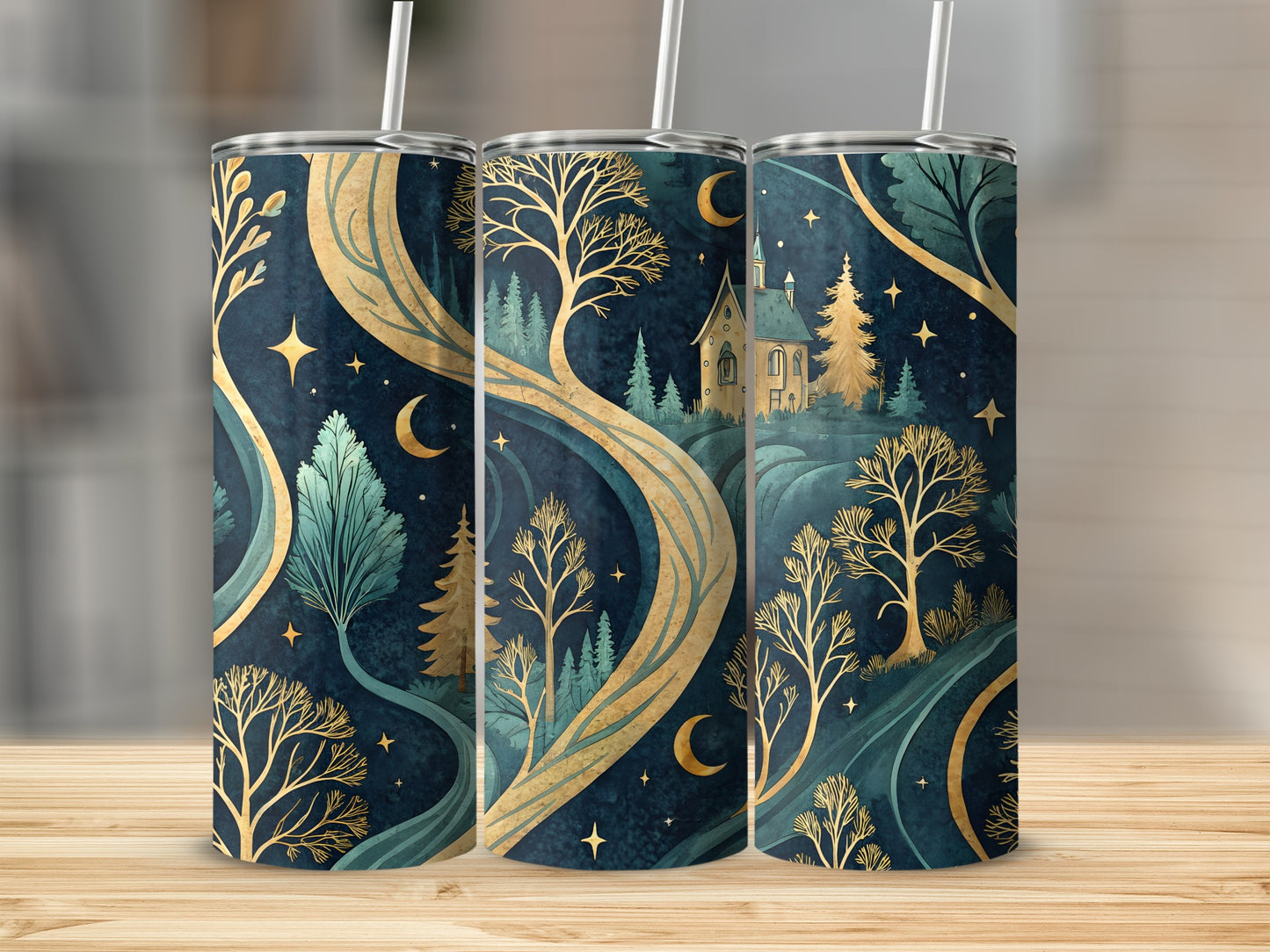 Forest Night Sky Fantasy Scene Tumbler with Straw