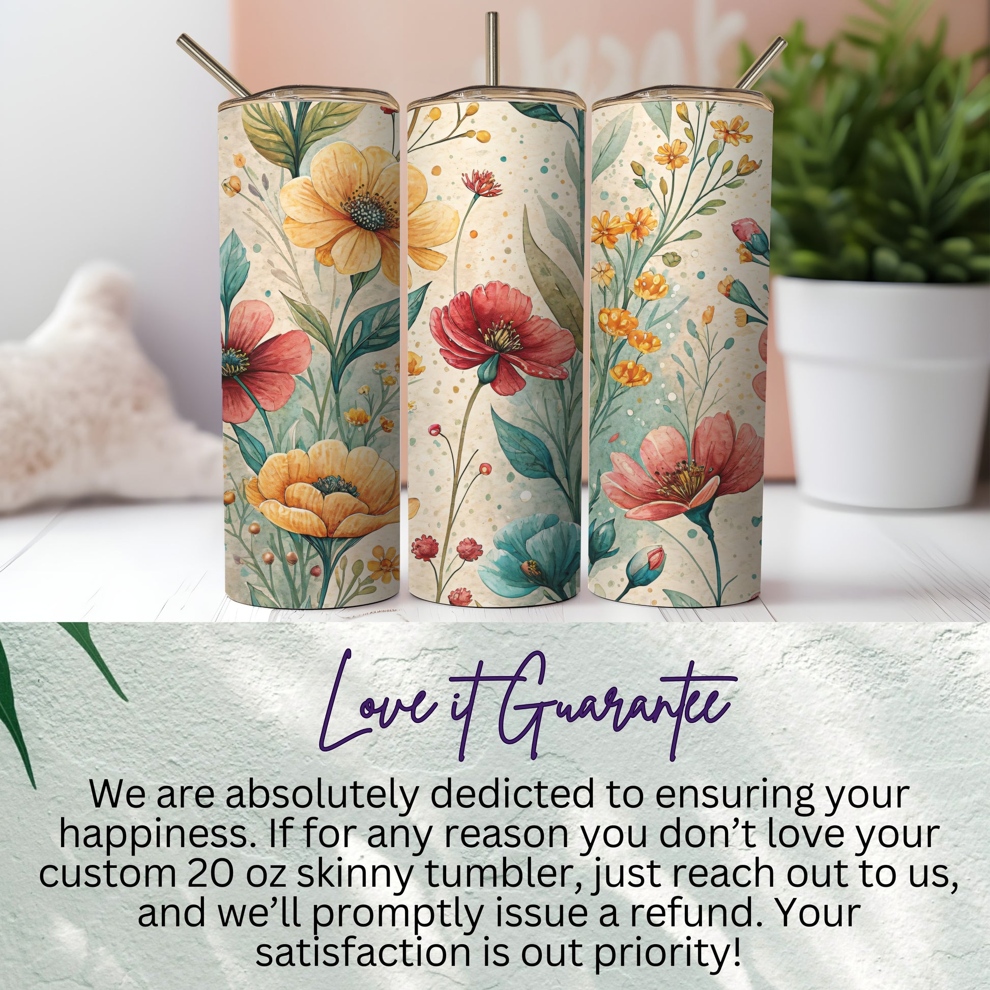 Watercolor Flower Bouquet Botanical Illustration for 20 oz Skinny Tumbler - Walk Greener