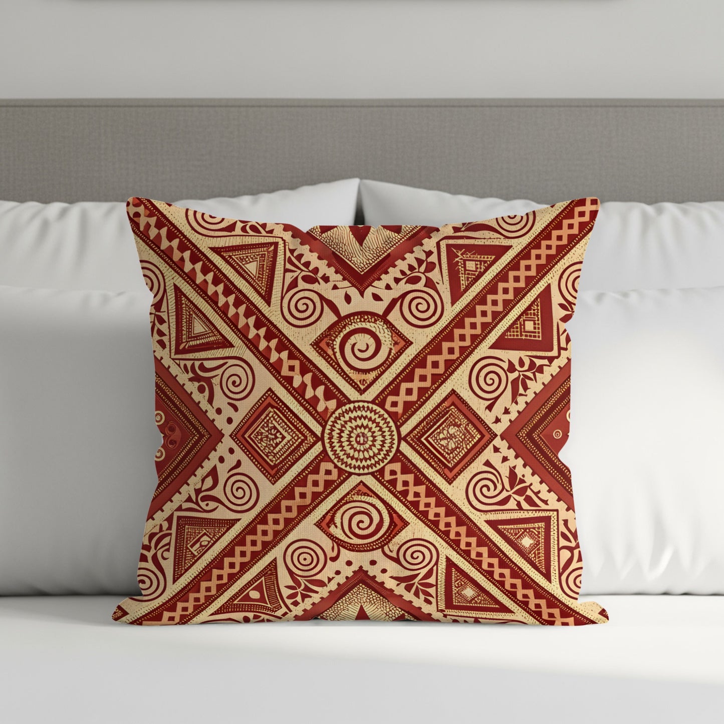 Decorative Throw Pillow with Red Geometric Patterns