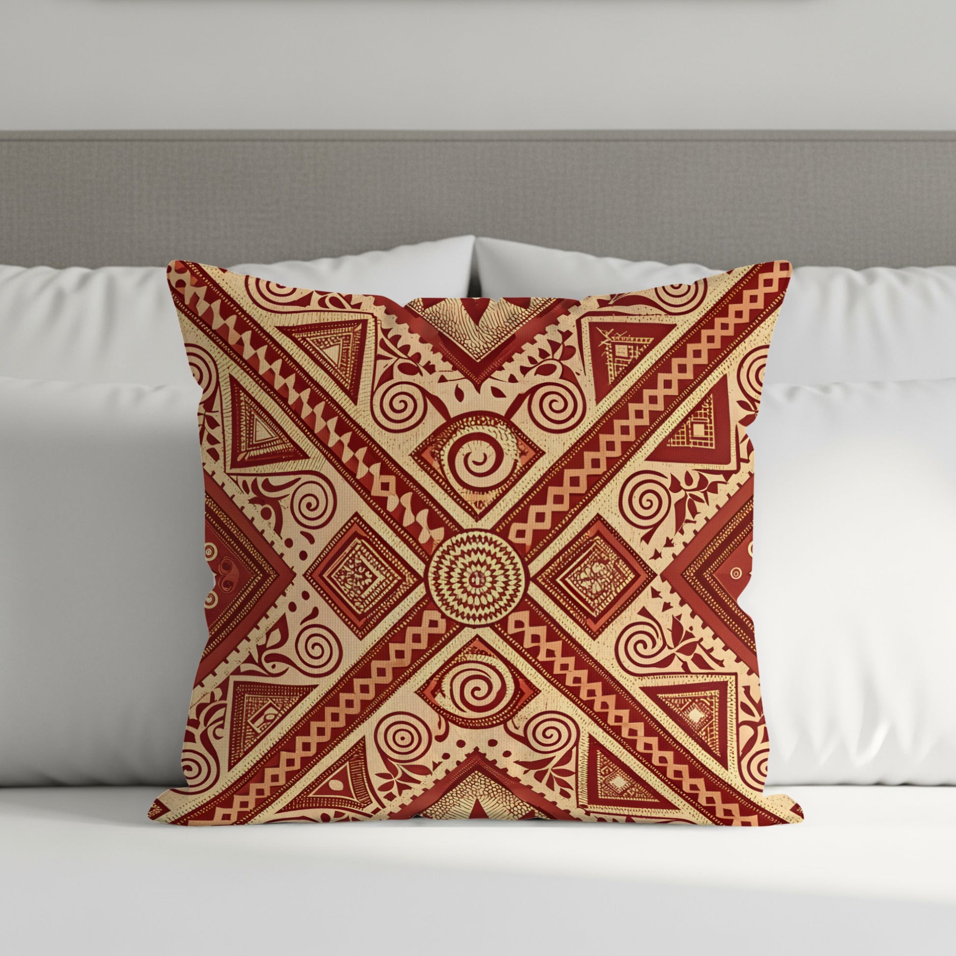 Decorative Throw Pillow with Red Geometric Patterns