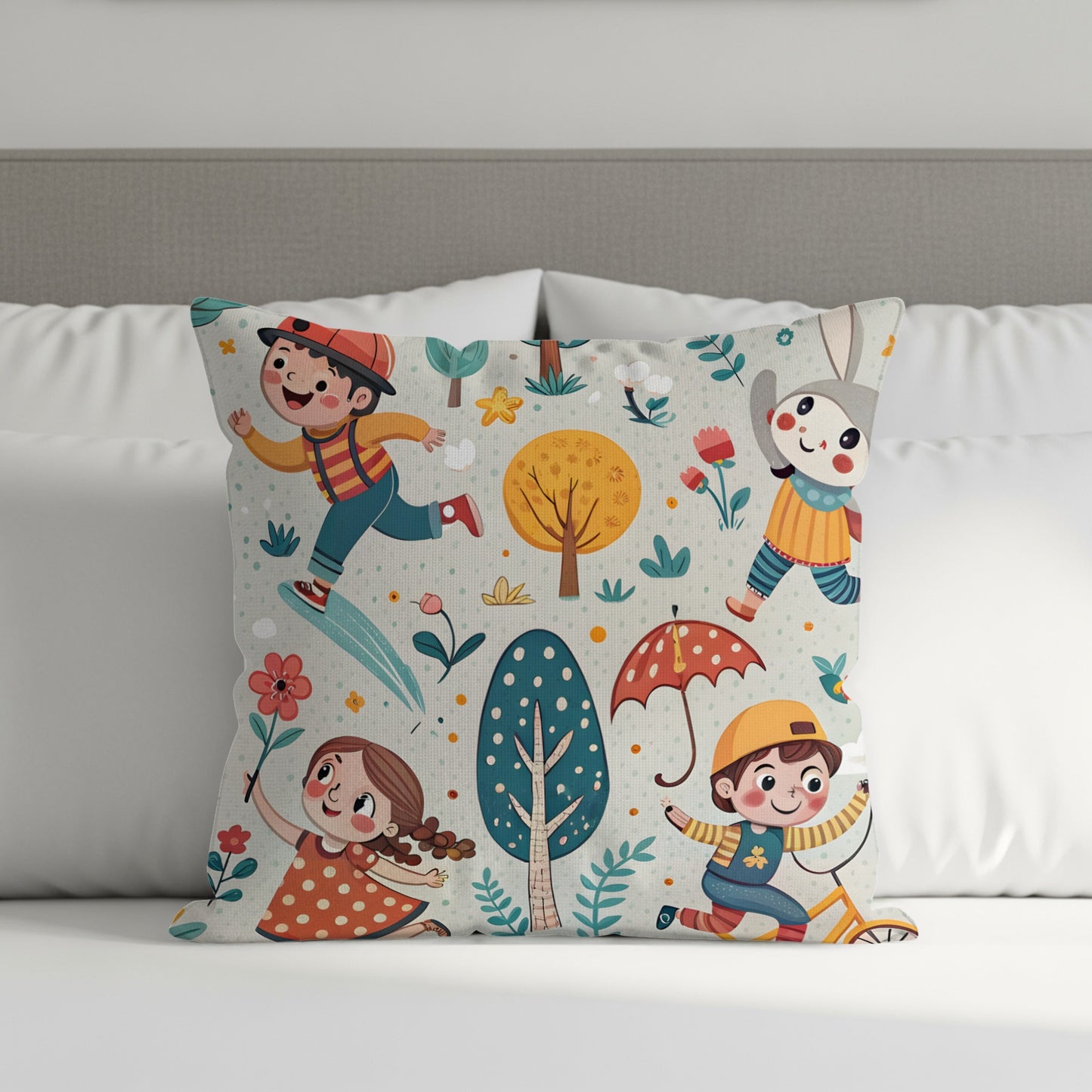 Cartoon Children in Forest with Animals Illustration Throw Pillows - Walk Greener
