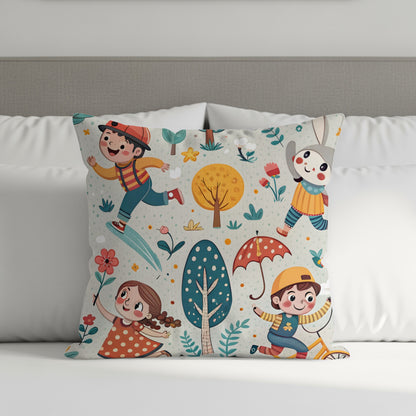Cartoon Children in Forest with Animals Illustration Throw Pillows - Walk Greener