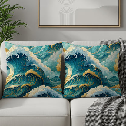 Japanese Inspired Artistic Ocean Waves Design Throw Pillows - Walk Greener