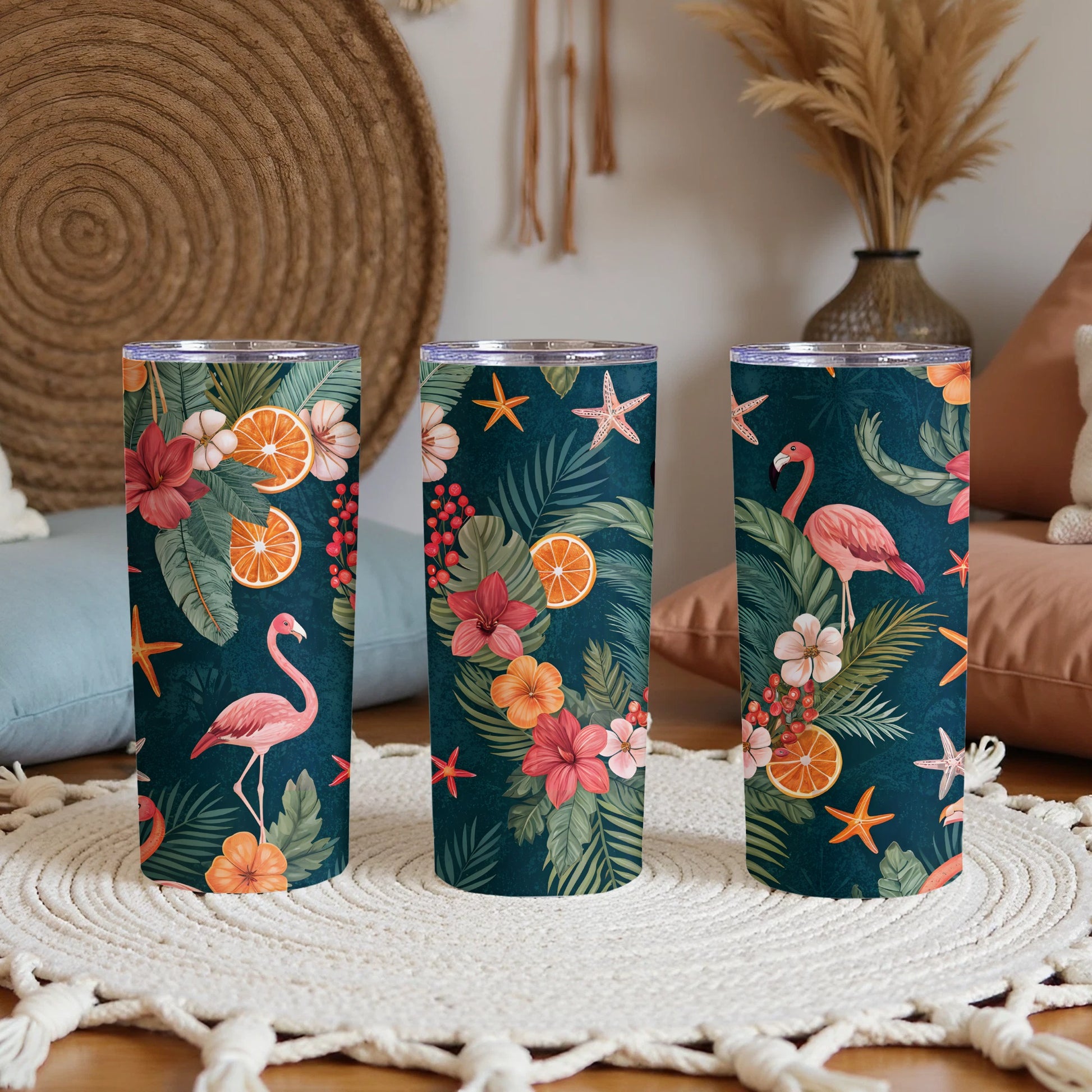 Tropical Flamingo and Floral Design Tumbler Set