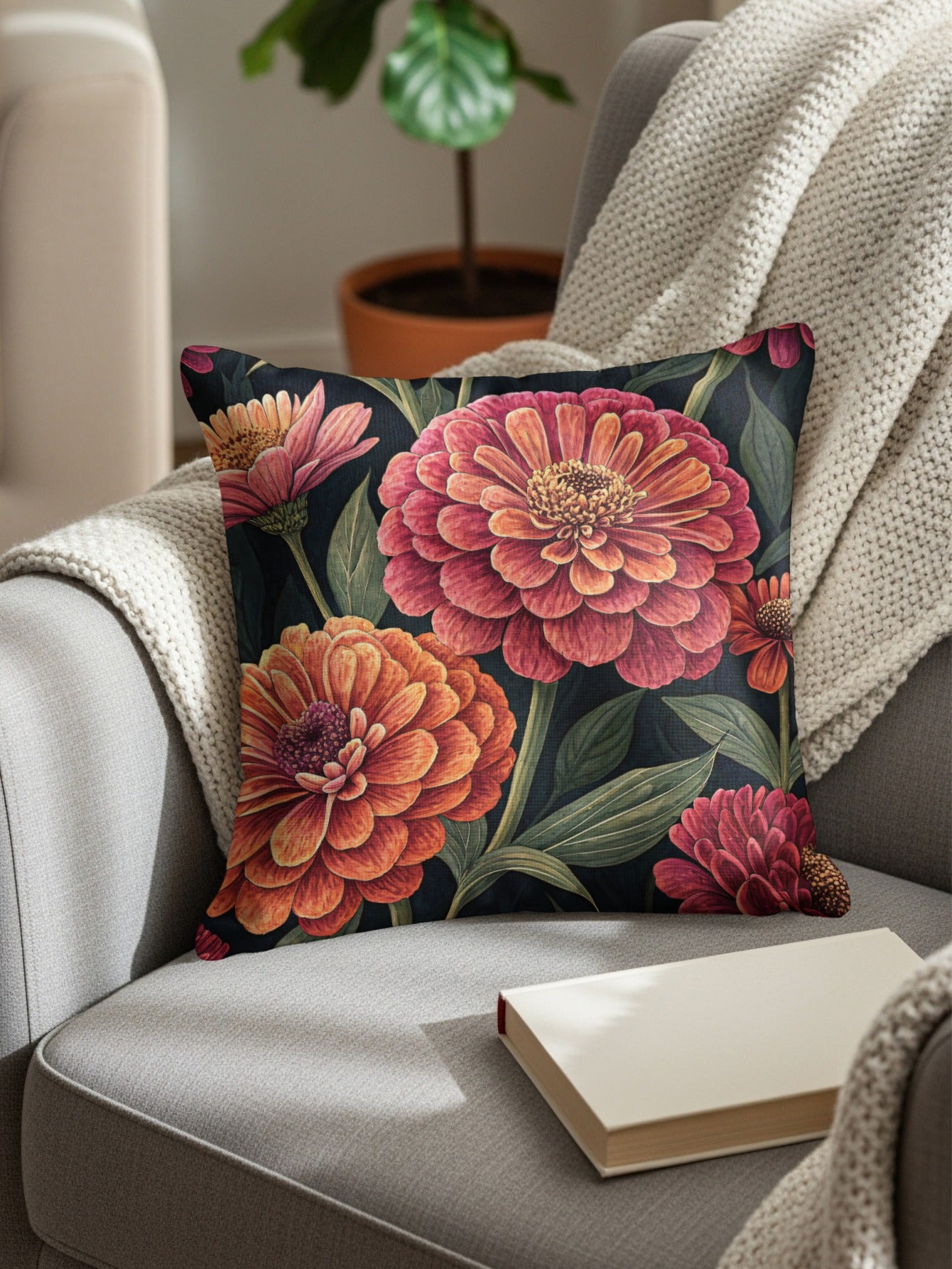 Elegant Zinnia Flowers Fresh Look Unique Decorative Floral Throw Pillows - Walk Greener