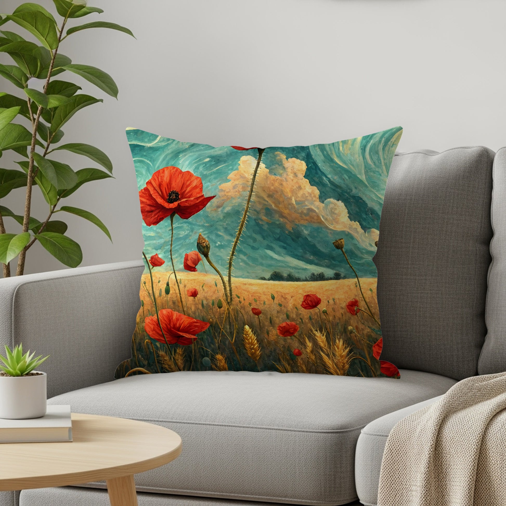Red Poppy Field Under Sky in Painted Style Throw Pillows - Walk Greener