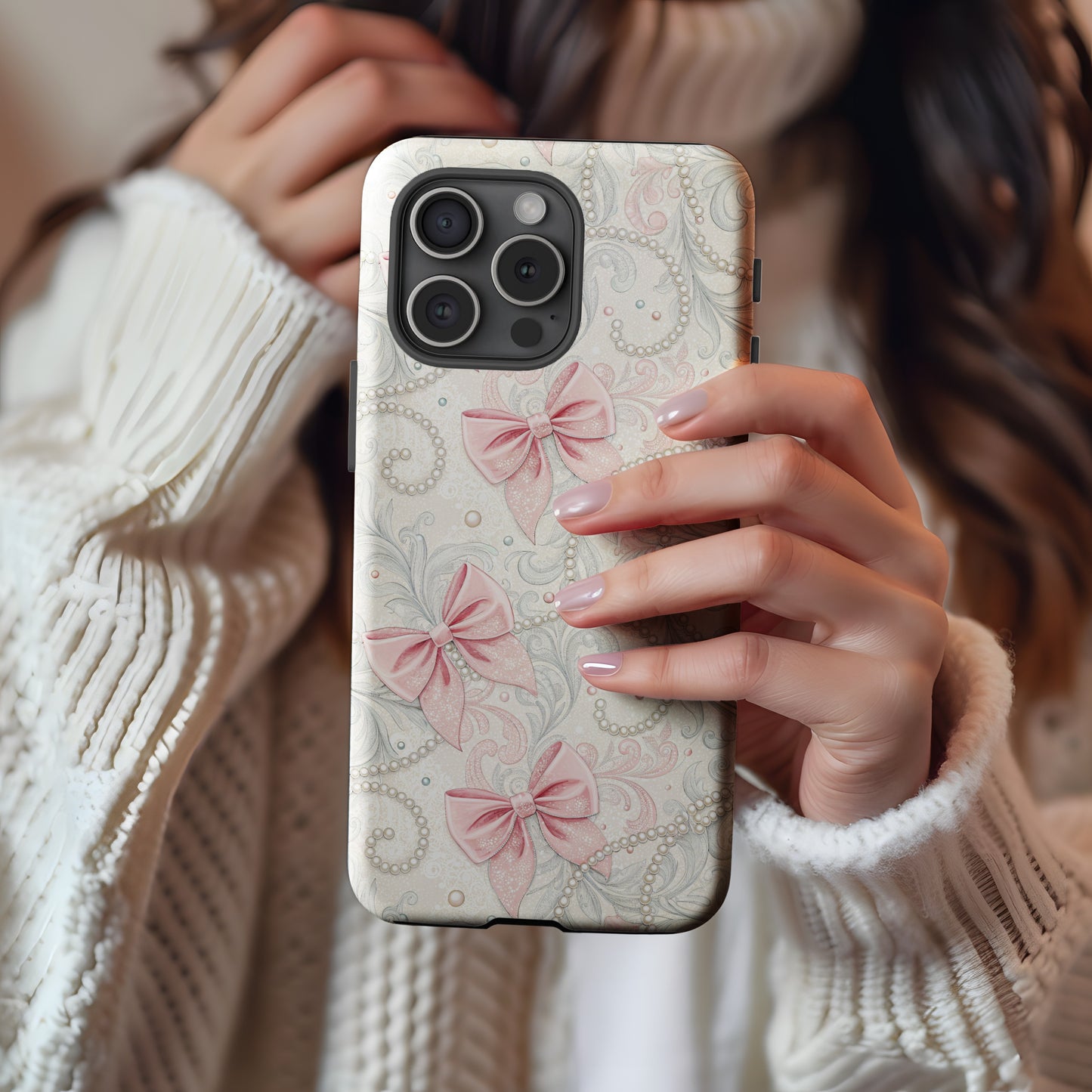 Elegant Pink Bows and Pearls Design Phone Case