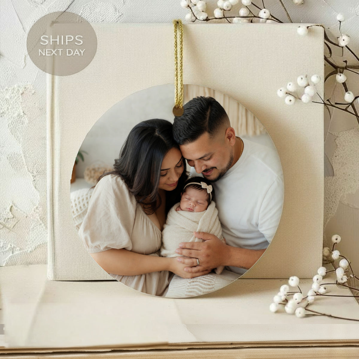 Family photo ornament with "Ships Next Day" text on background.