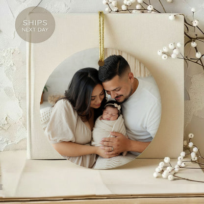 Family photo ornament with "Ships Next Day" text on background.