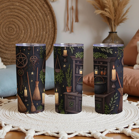 Mystical Witch Room Decor with Brooms and Candles Tumbler - Walk Greener