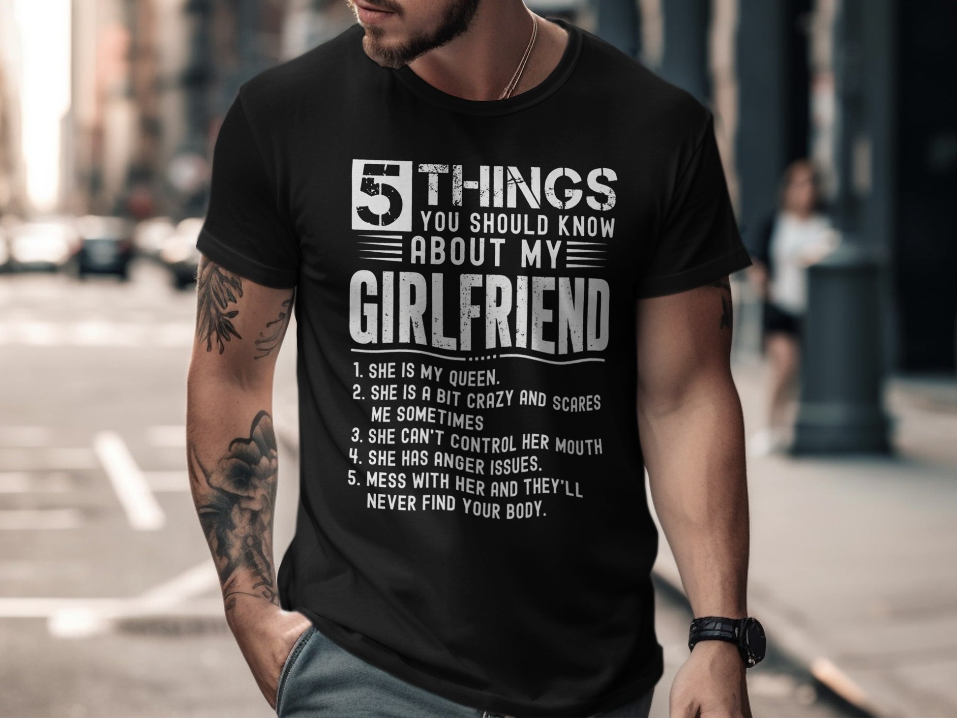 Black t-shirt with white text listing "5 Things You Should Know About My Girlfriend".