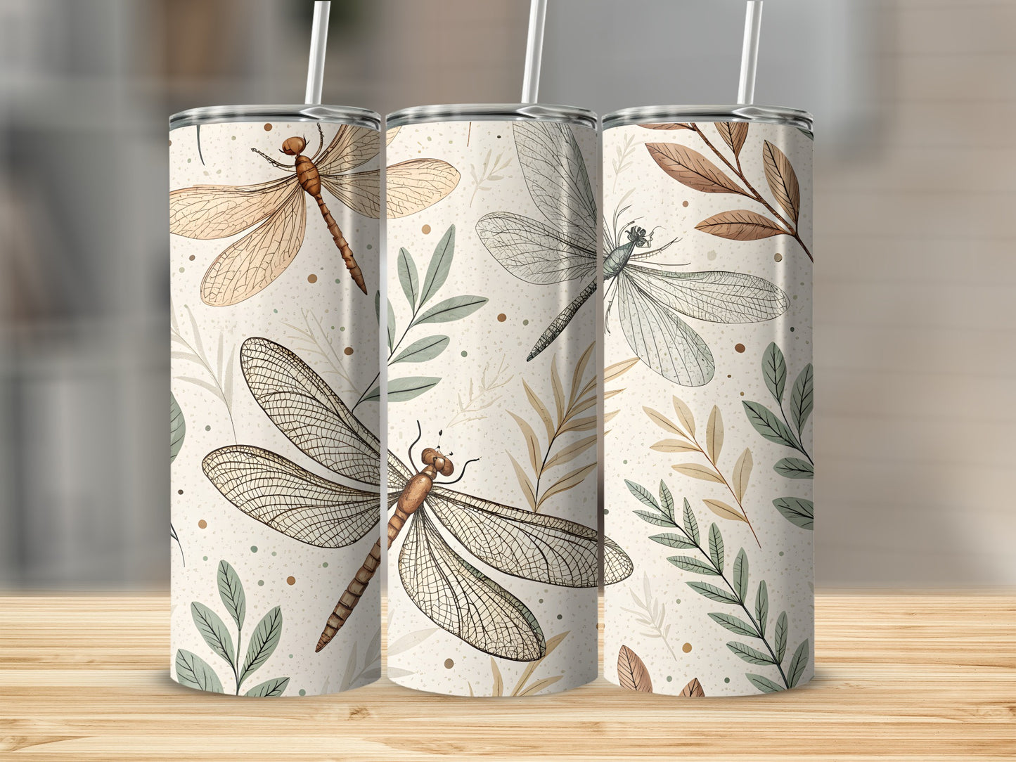 Dragonfly and Leaf Pattern Tumbler with Straw