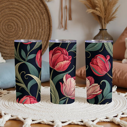 Floral Print Tumbler with Red and Green Leaves Design