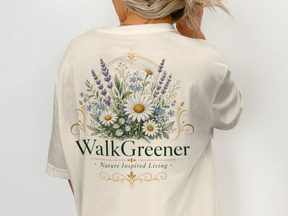 Cream t-shirt with "WalkGreener, Nature Inspired Living" and floral graphic.