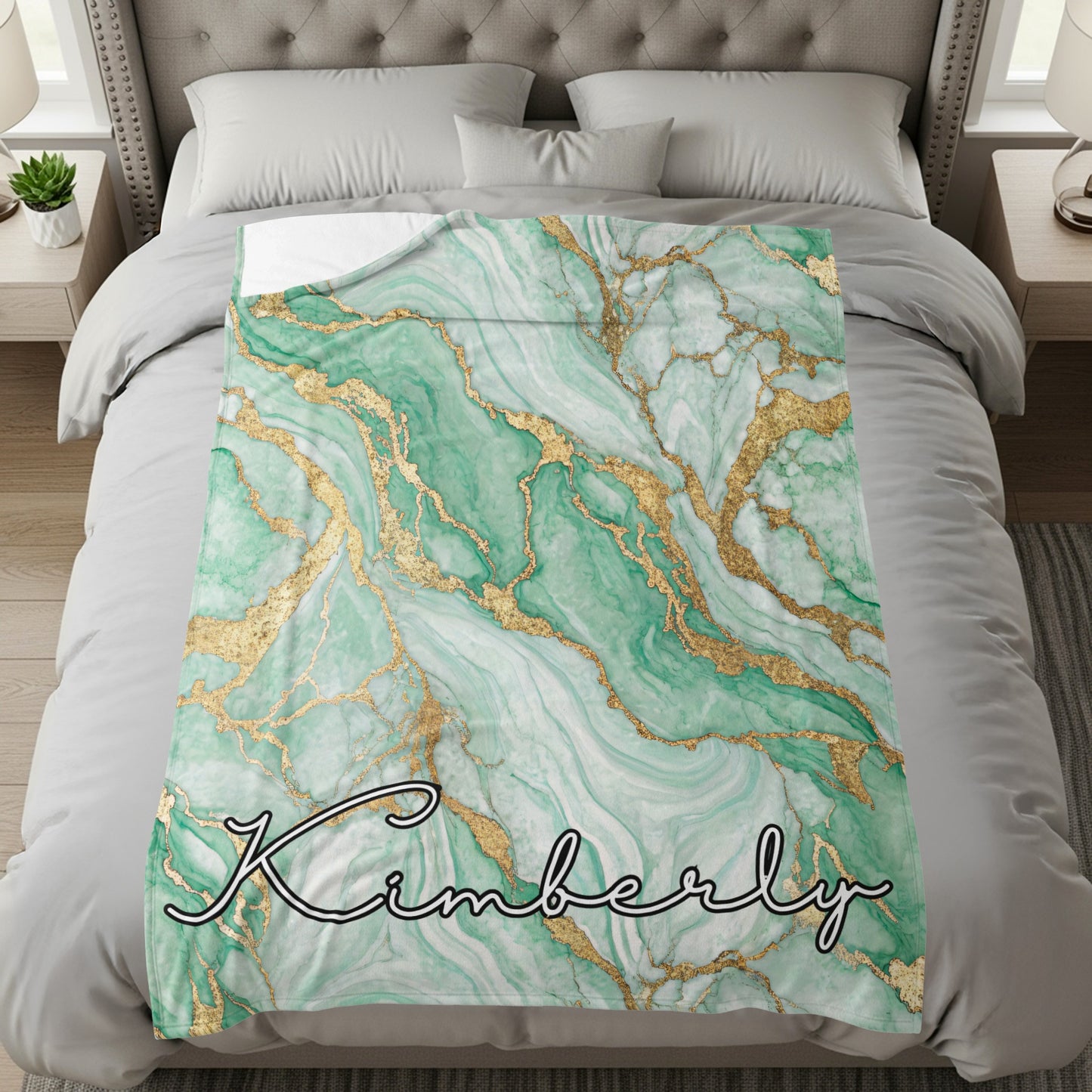 Personalized Green Marble and Gold Bedding Blanket