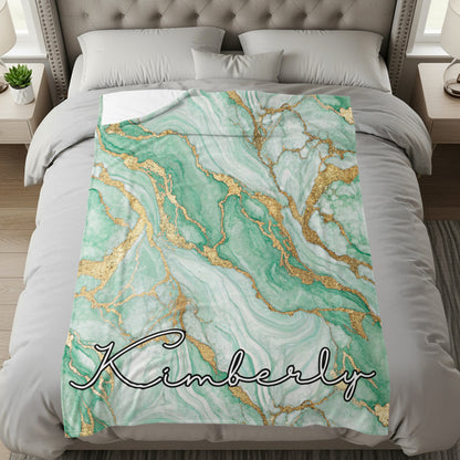 Personalized Green Marble and Gold Bedding Blanket