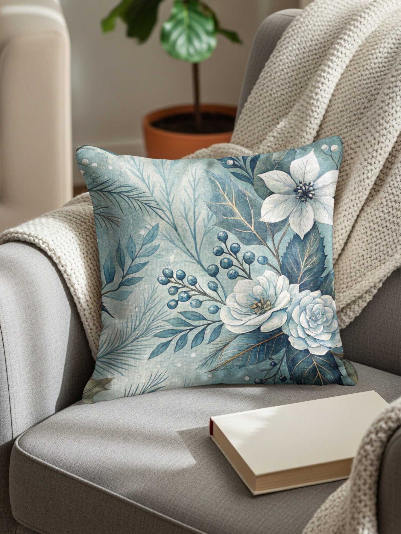 Floral Pattern Blue and White Decorative Pillow