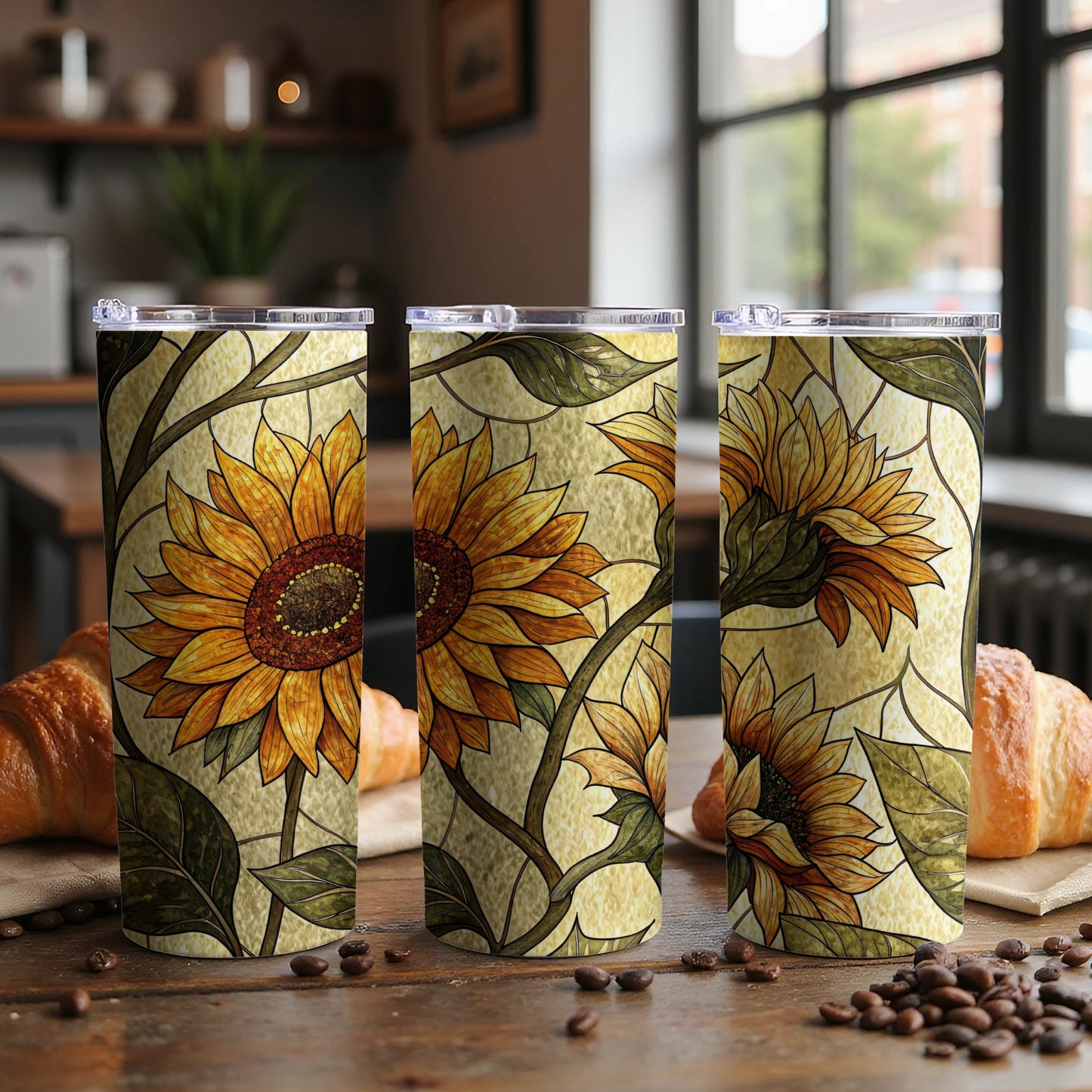 Sunflower Bloom Stained Glass Style Design 20 oz Skinny Tumbler - Walk Greener