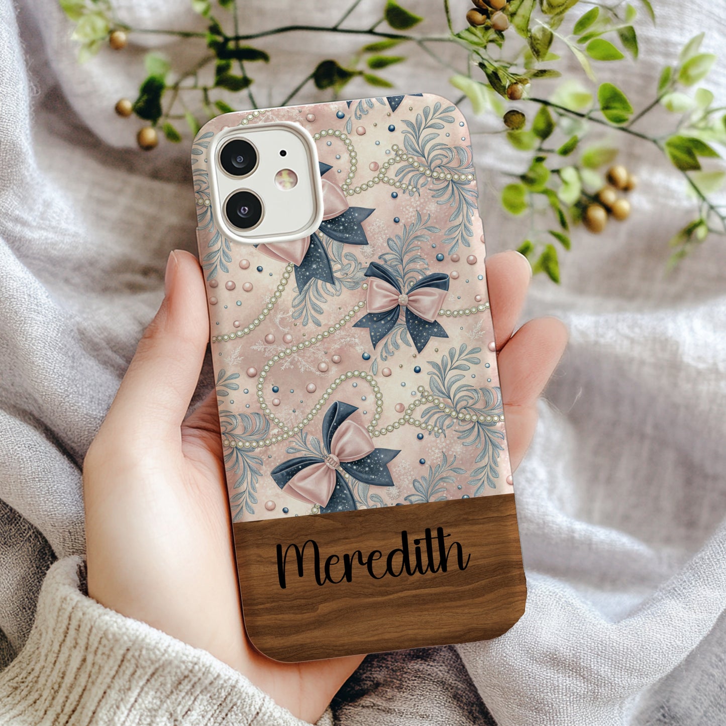 Vintage Bows and Pearls Pattern Phone Case with Name