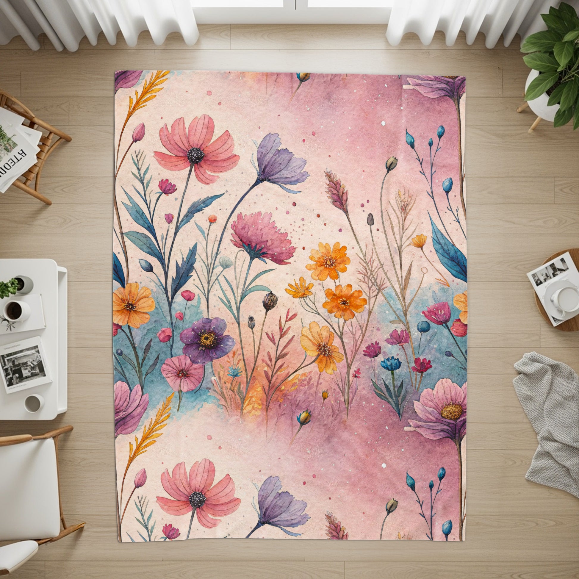 Watercolor Floral Garden On Pale Pink Design Velveteen Plush Blankets - Walk Greener