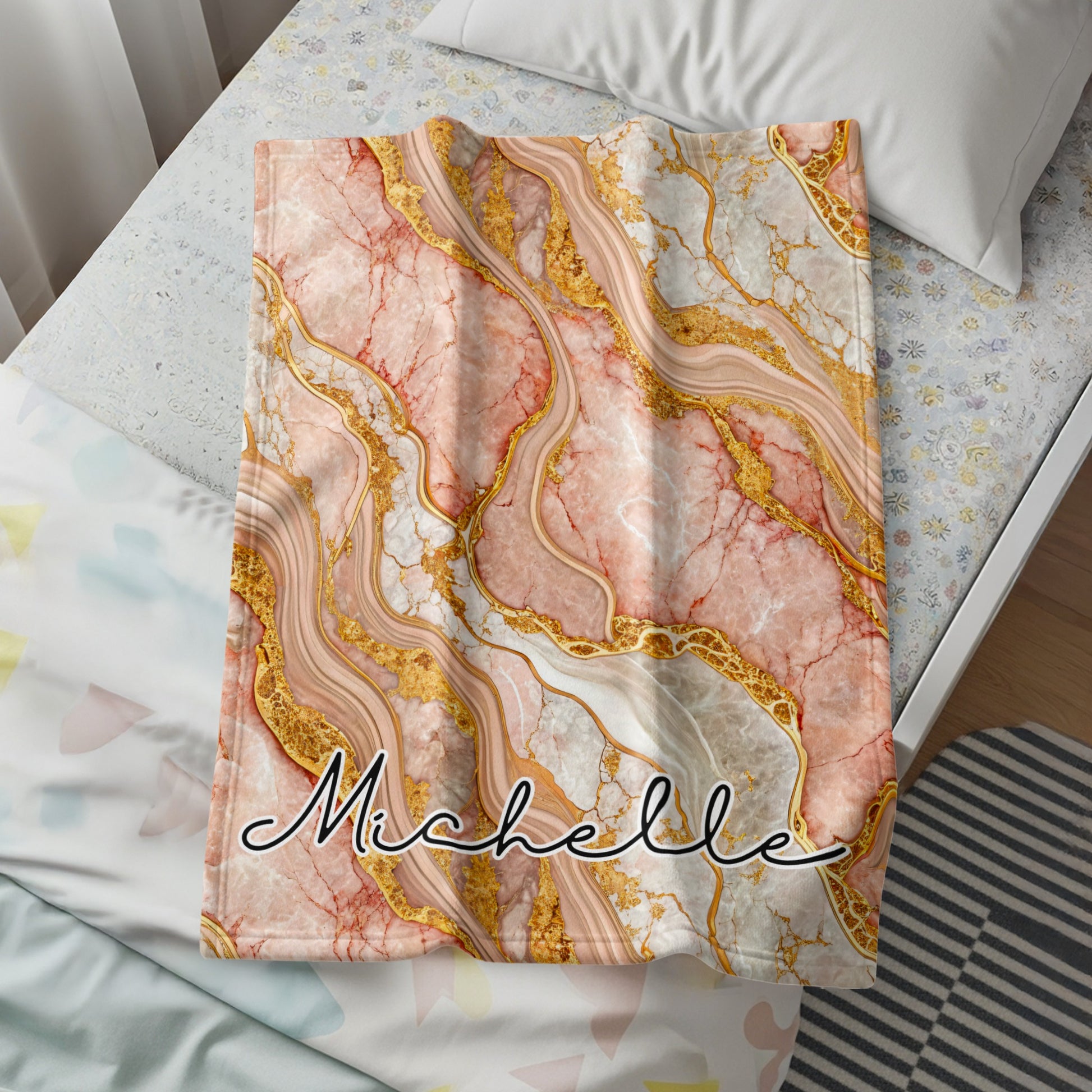 Personalized Marble Pattern Blanket with Gold Accents